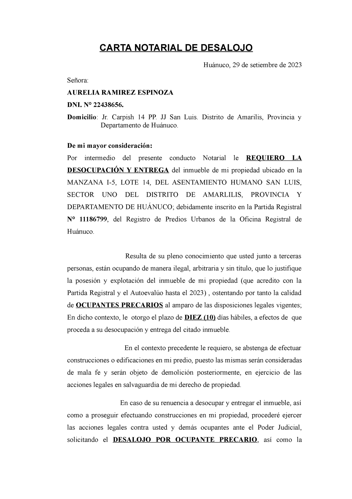 404270445 Carta Notarial Desalojo Docx Carta Notarial De Desalojo Huánuco 29 De Setiembre De 7285