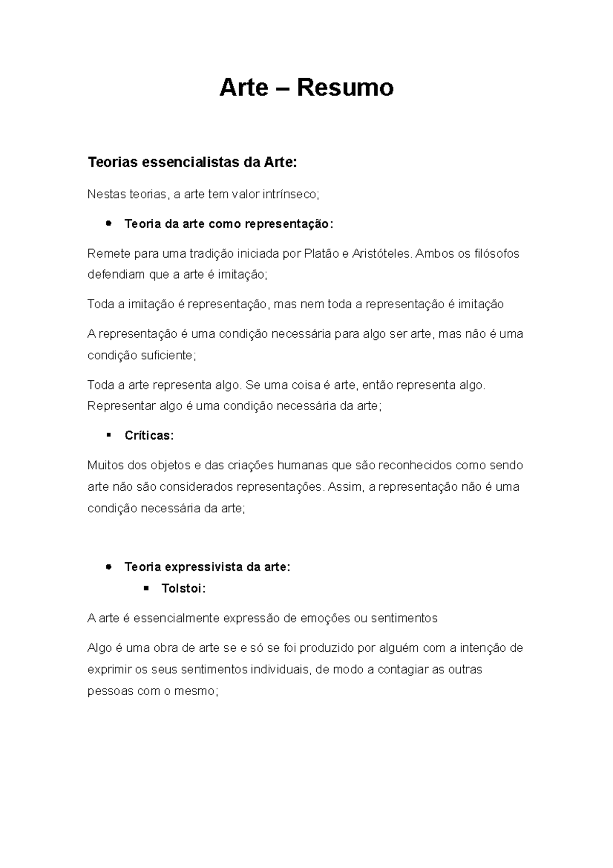 Resumo fil-Arte - Arte – Resumo Teorias essencialistas da Arte: Nestas ...