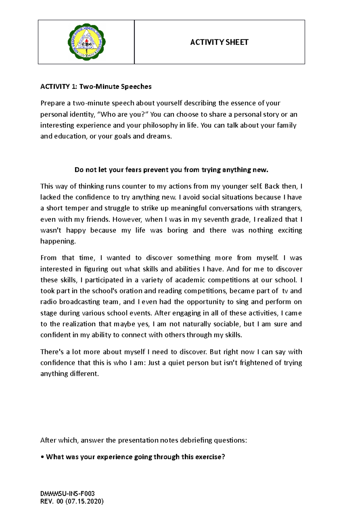 WHO ARE YOU - Describing the essence of personal identity - ACTIVITY ...