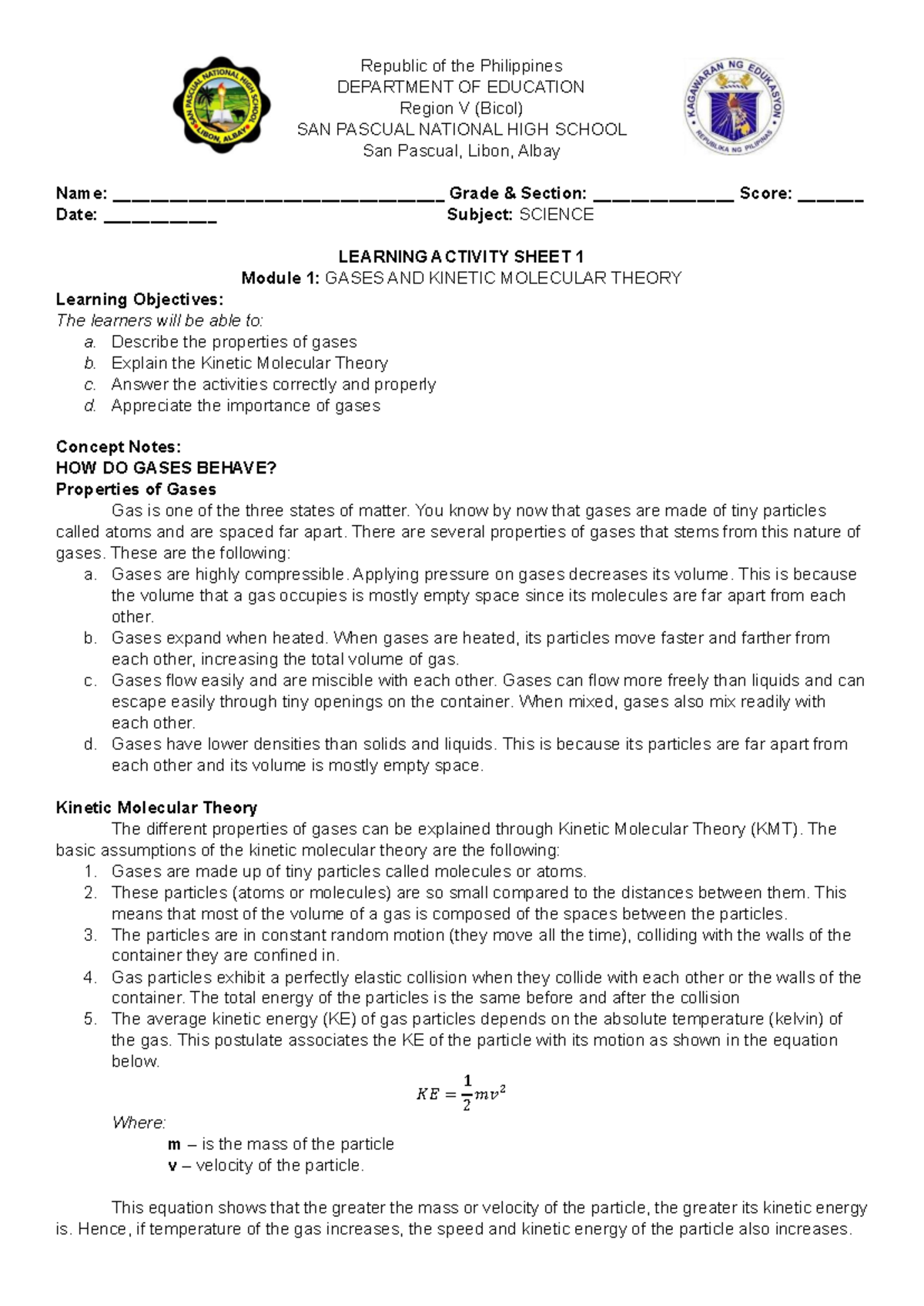 Learning Activity Sheet 1 - Science 10 - Republic Of The Philippines 