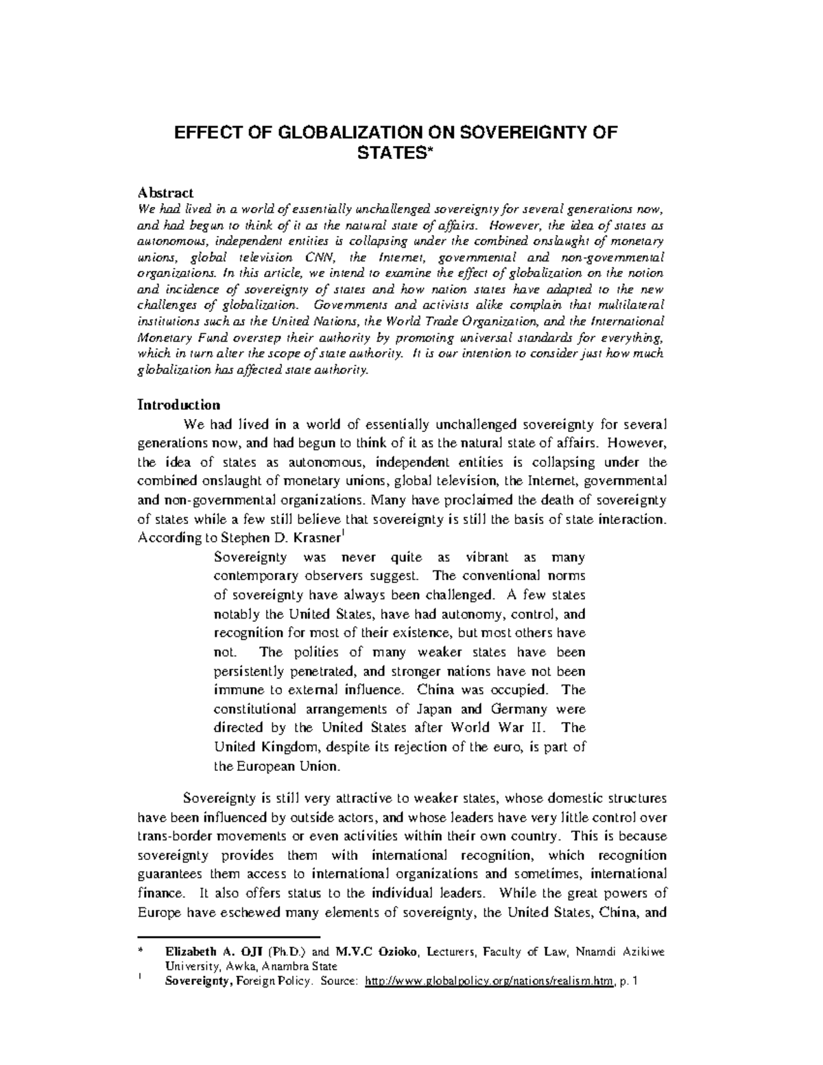 GLOBALIZATION ACESS - EFFECT OF GLOBALIZATION ON SOVEREIGNTY OF STATES ...