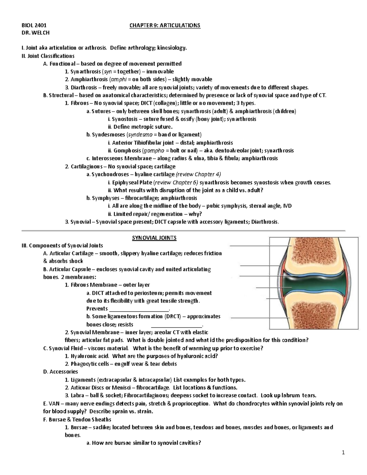 BIOL 2401 Chapter 9 - 1 BIOL 2401 CHAPTER 9: ARTICULATIONS DR. WELCH I ...