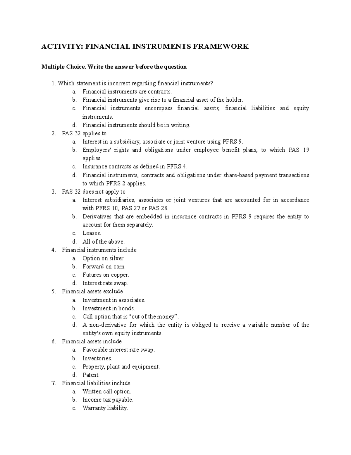Activity Financial Instruments Framework - ACTIVITY: FINANCIAL ...