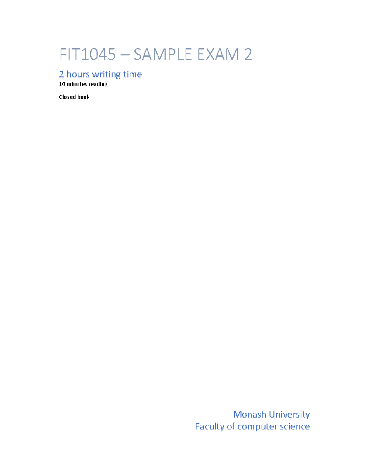 Sample Exam 2 - Monash University Faculty of computer science FIT1045 ...
