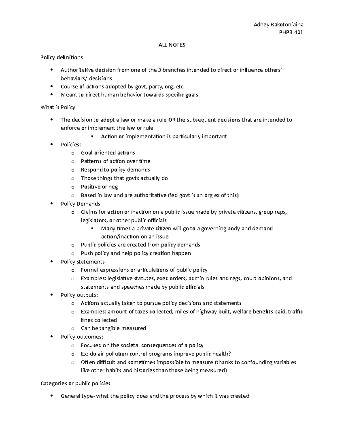 Public Health Policy Notes - PHPB 401 ALL NOTES Policy definitions ...