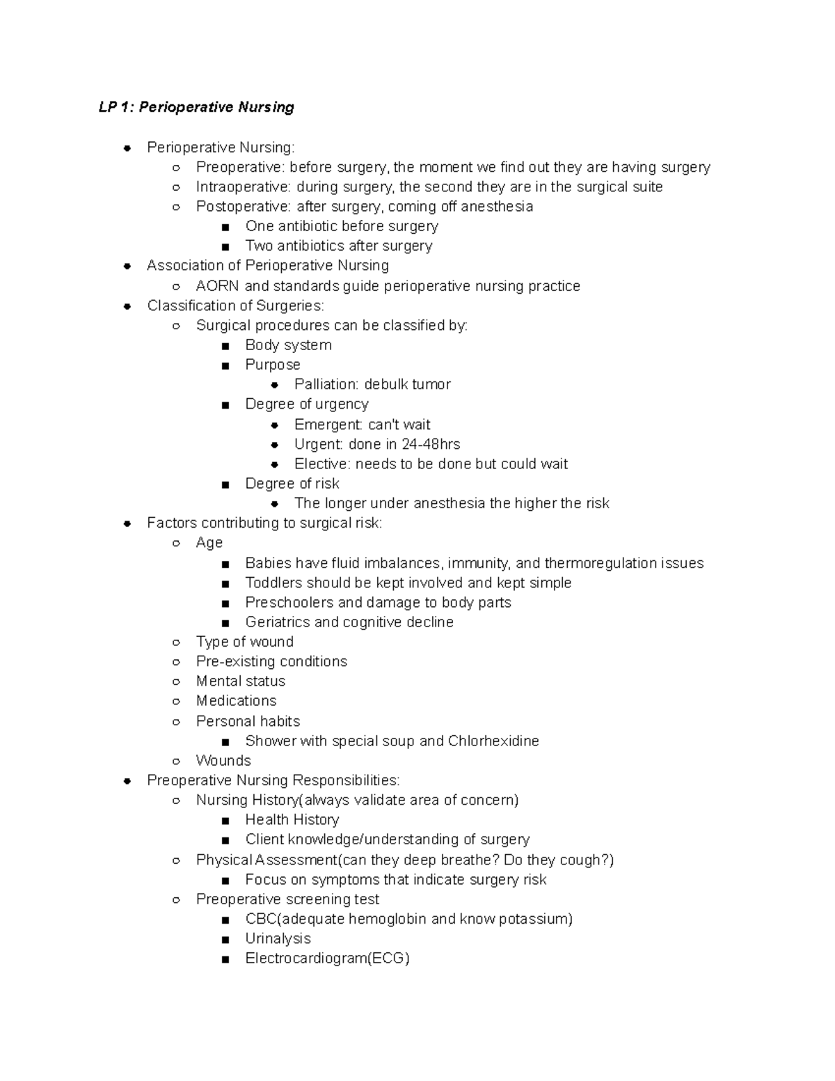 Exam 1 LP 1 And 2 - Exam 1: Perioperative - LP 1: Perioperative Nursing ...