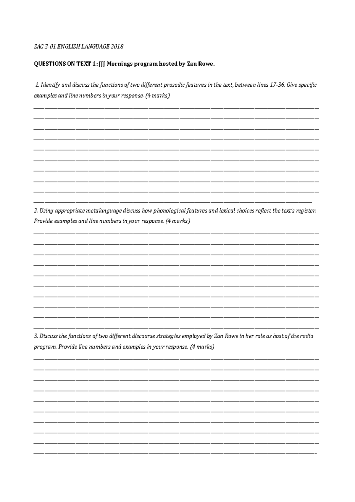 2018 SAC 3-01 Questions - SAC 3-01 ENGLISH LANGUAGE 2018 QUESTIONS ON ...
