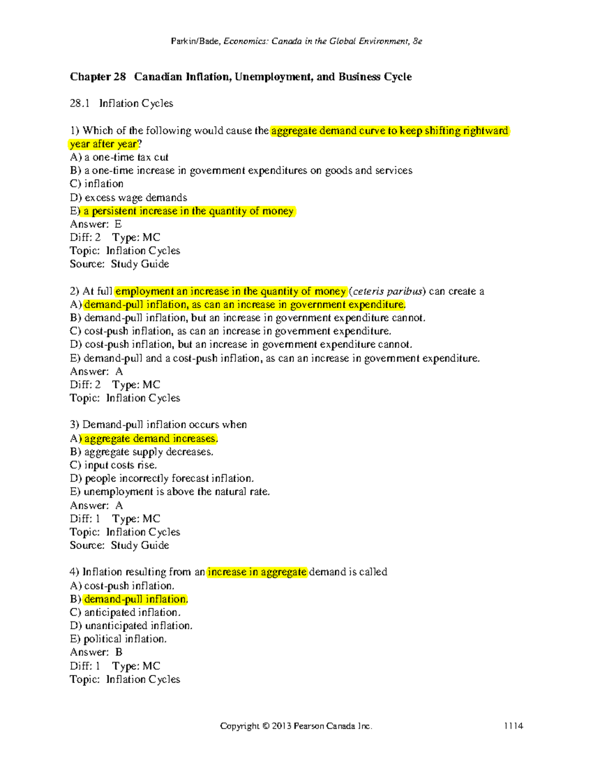 Chapter 28 Canadian Inflation, Unemployment, and Business Cycle B
