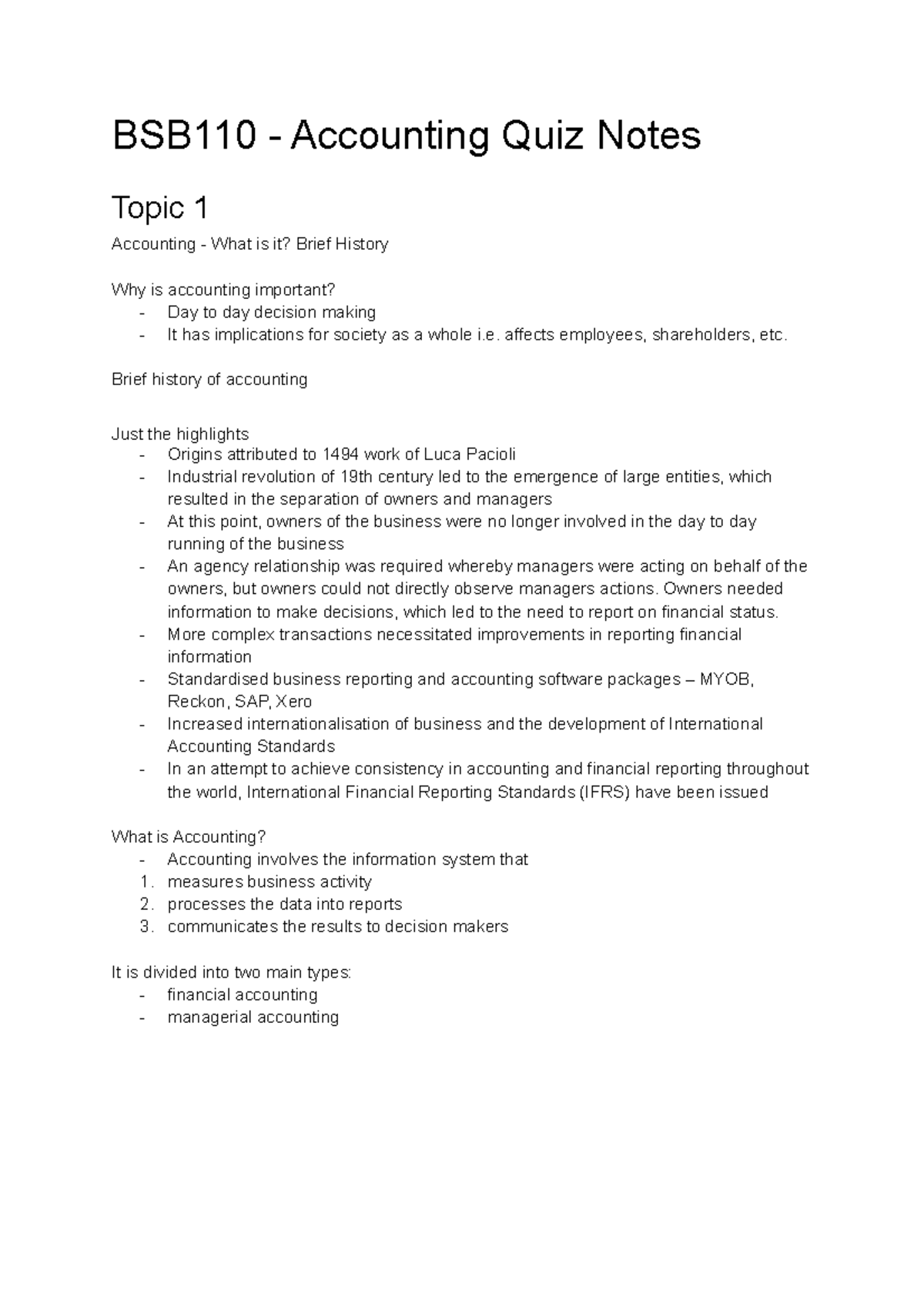 BSB110 - Accounting Notes - BSB110 - Accounting Quiz Notes Topic 1 ...