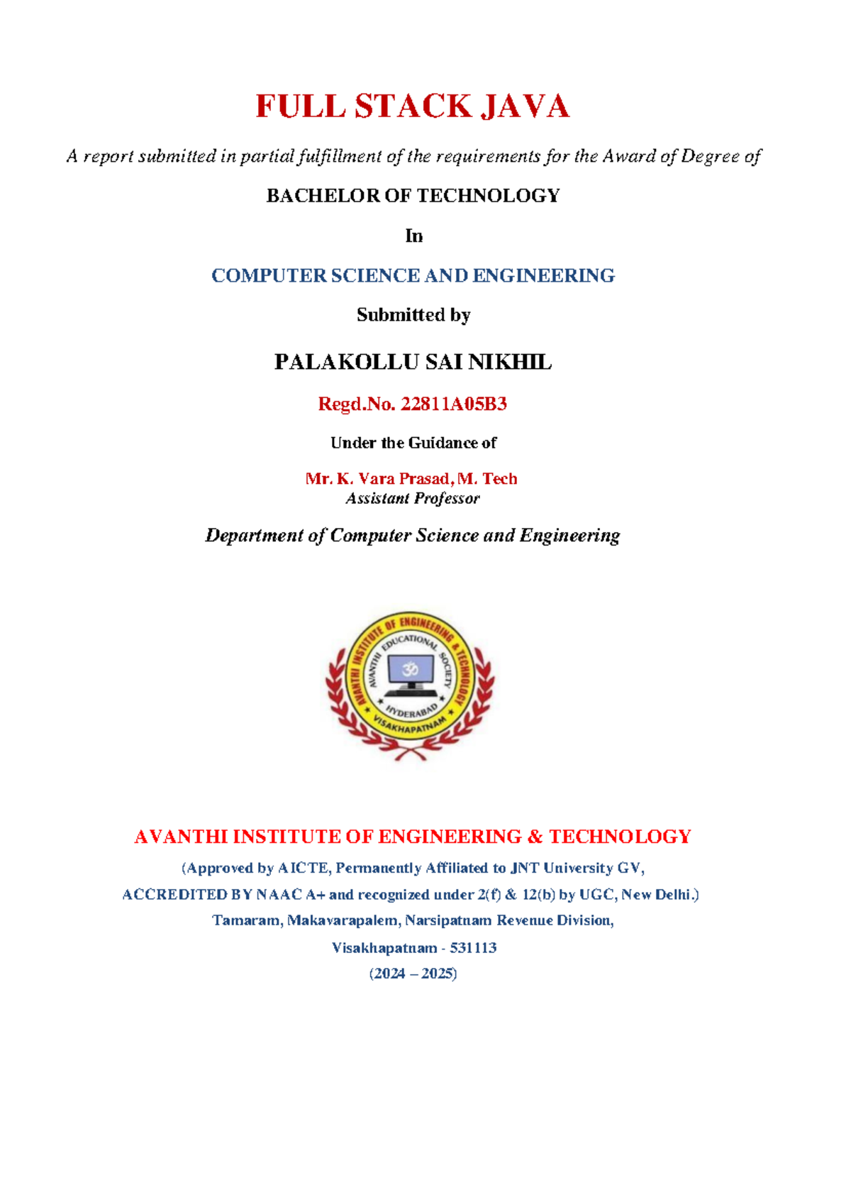 P SAI Nikhil (B3) - documentation - FULL STACK JAVA A report submitted ...