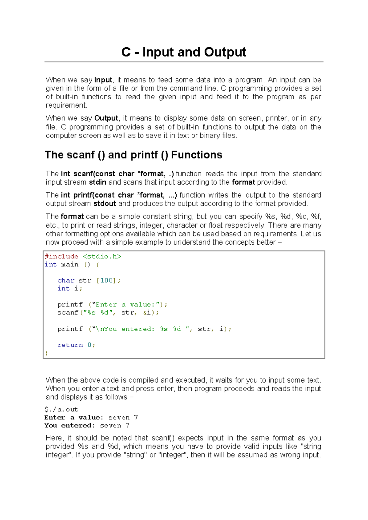 Lecture 3- C Input and Output - C - Input and Output When we say Input ...