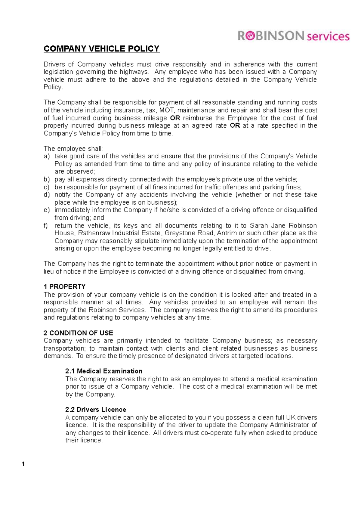 Company Vehicle Policy - COMPANY VEHICLE POLICY Drivers of Company ...