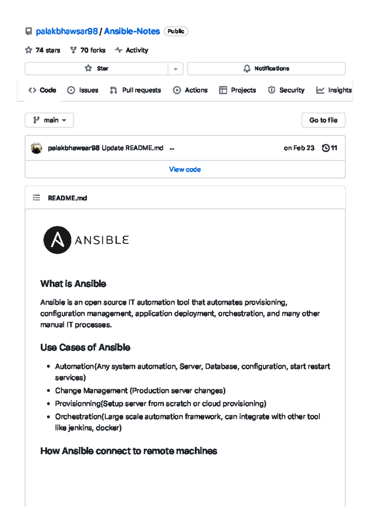 Ansible Basic palakbhawsar 98 / AnsibleNotes Public 74 stars 70