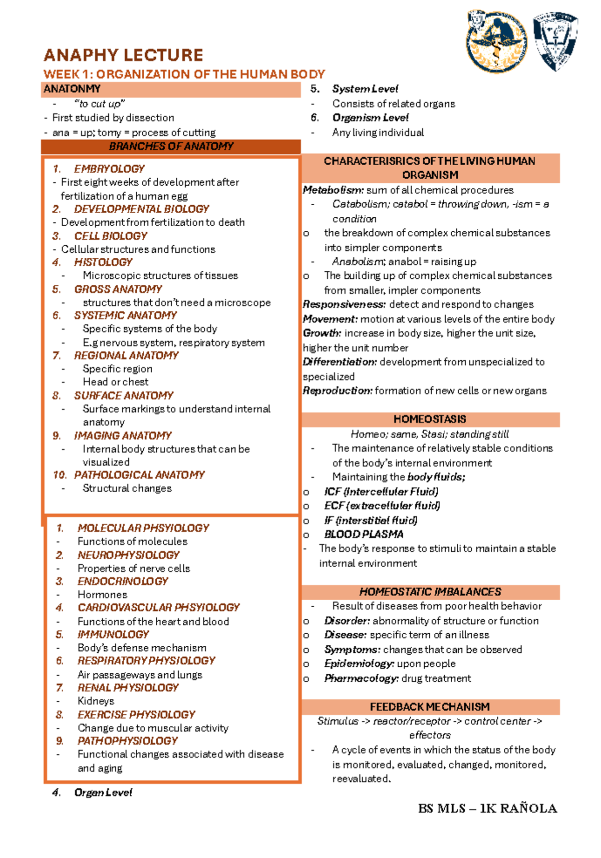 W1 L1 - reviewer - WEEK 1: ORGANIZATION OF THE HUMAN BODY ANATONMY “to ...