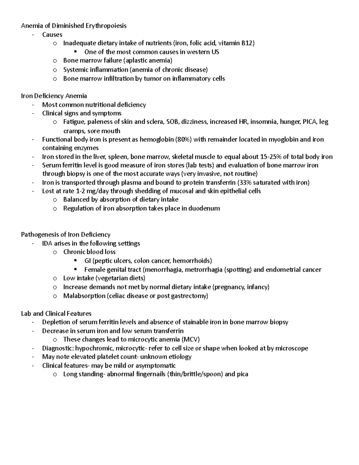 Iron Deficiency Anemia - Anemia of Diminished Erythropoiesis - Causes o ...