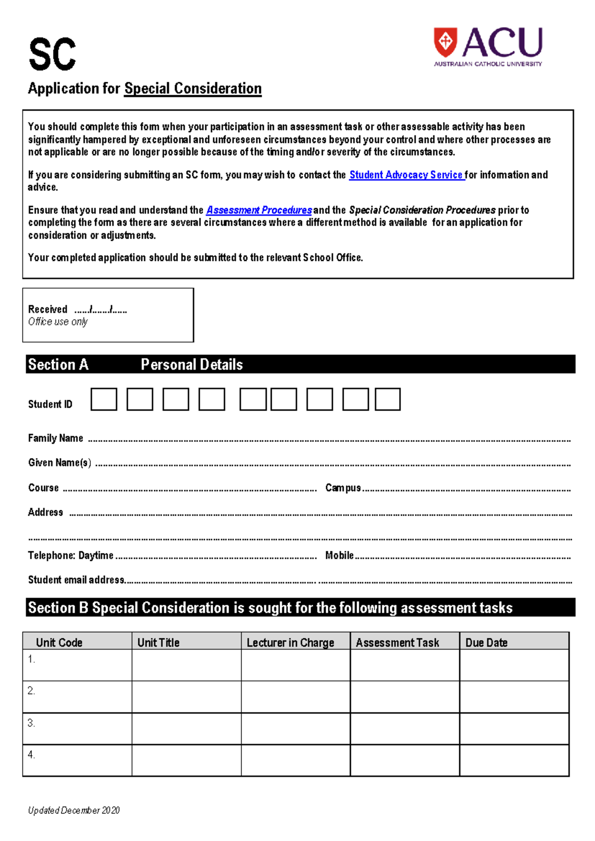 SC Application for Special Consideration SC Application for Special