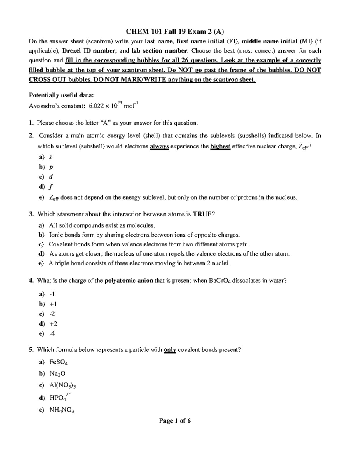 Exam 2 101 F19a w - Test key - CHEM 101 Fall 19 Exam 2 (A) On the ...