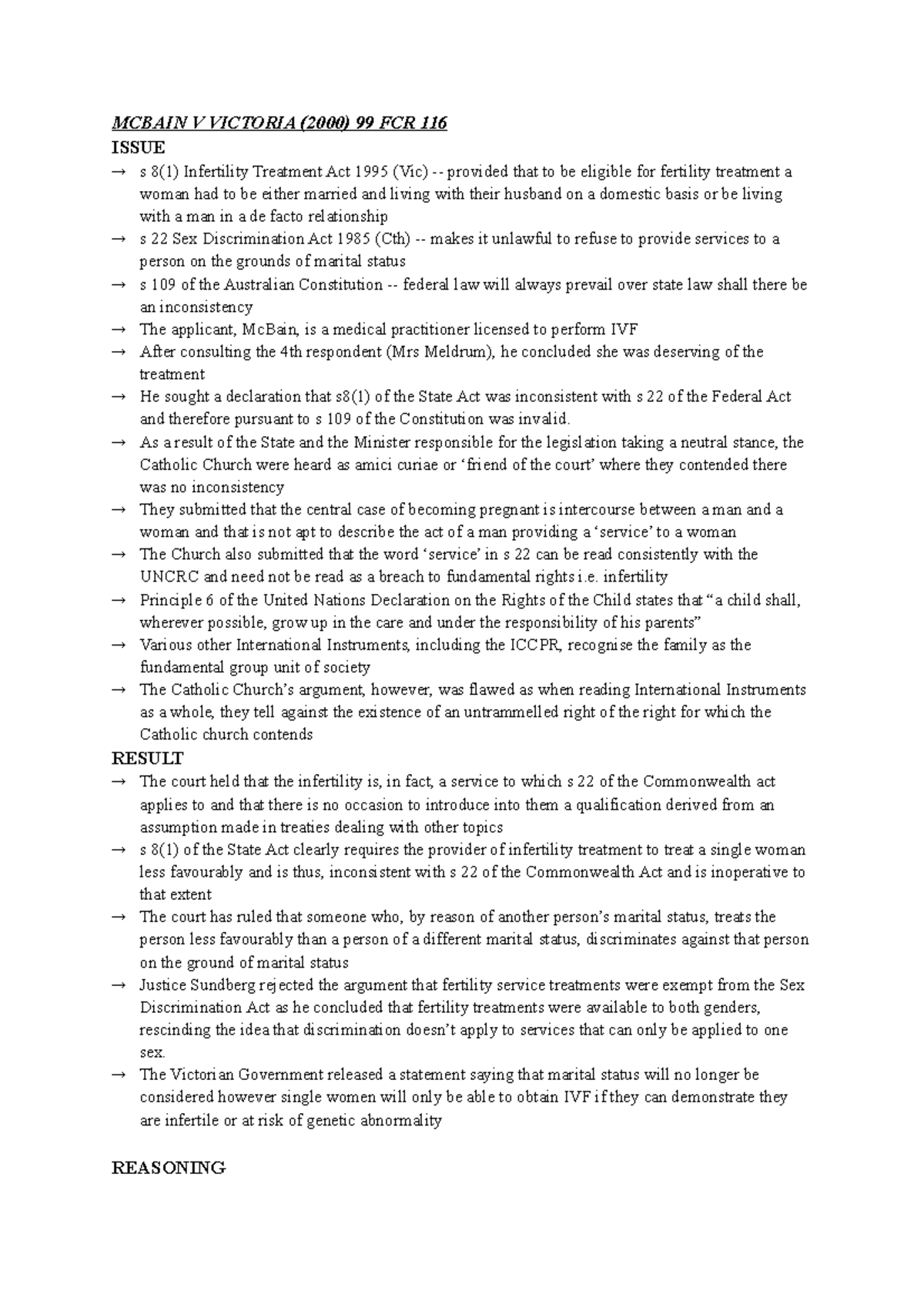 Mcbain V Victoria MCBAIN V VICTORIA (2000) 99 FCR 116 ISSUE s 8(1