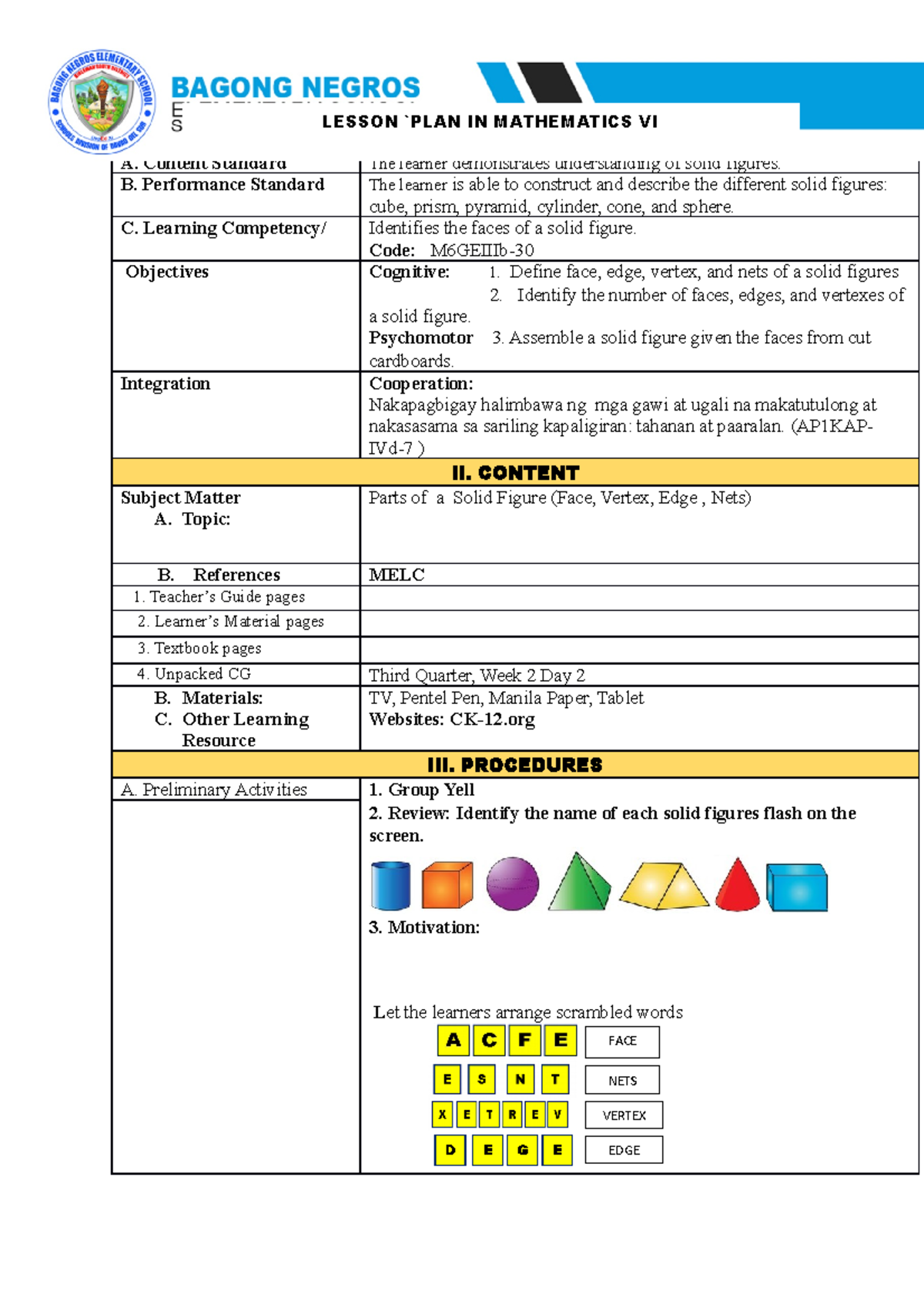 Lesson PLAN Faces OF Solid Figures I A Content Standard The Learner
