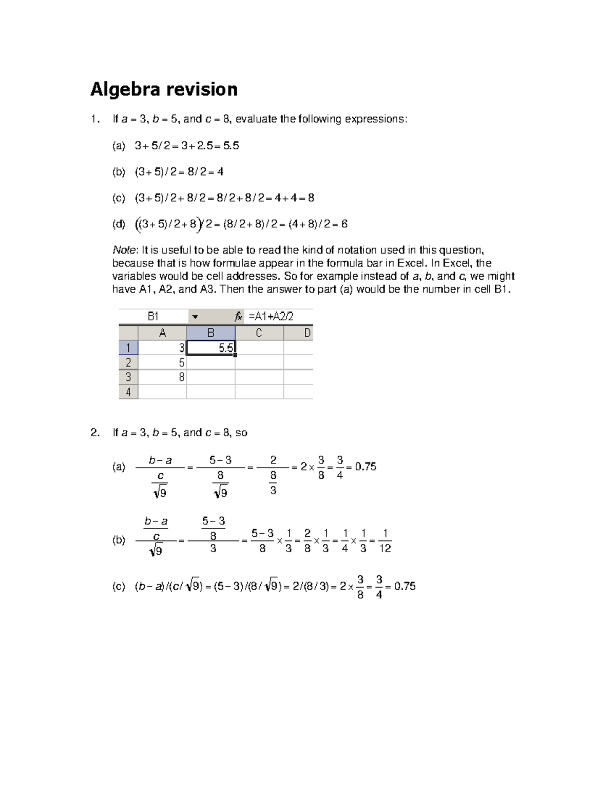 Algebra Practice Solutions Algebra Revision 1 If A 3 B 5 And C