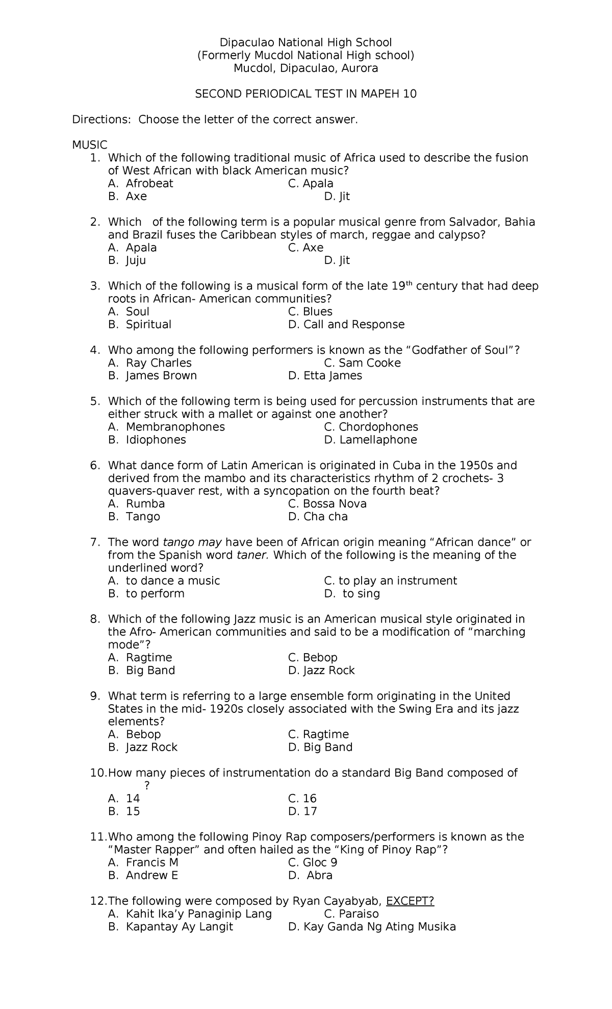 442973110 2nd Periodical Test In Mapeh 10 Docx - Dipaculao National ...