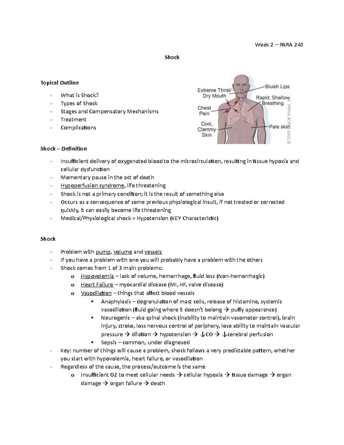 Week 2 - Shock notes - Week 2 – PARA 240 Shock Topical Outline What is ...