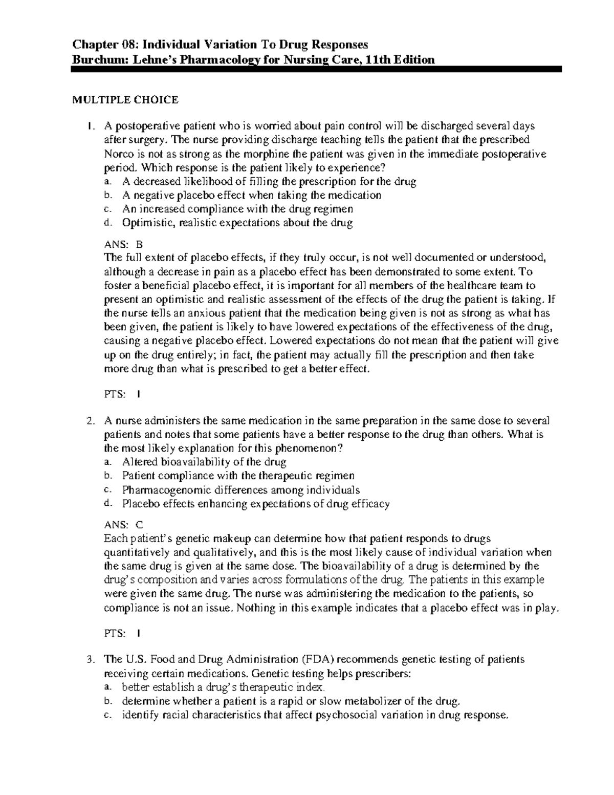 TB\08 - practice questions - Chapter 08: Individual Variation To Drug ...