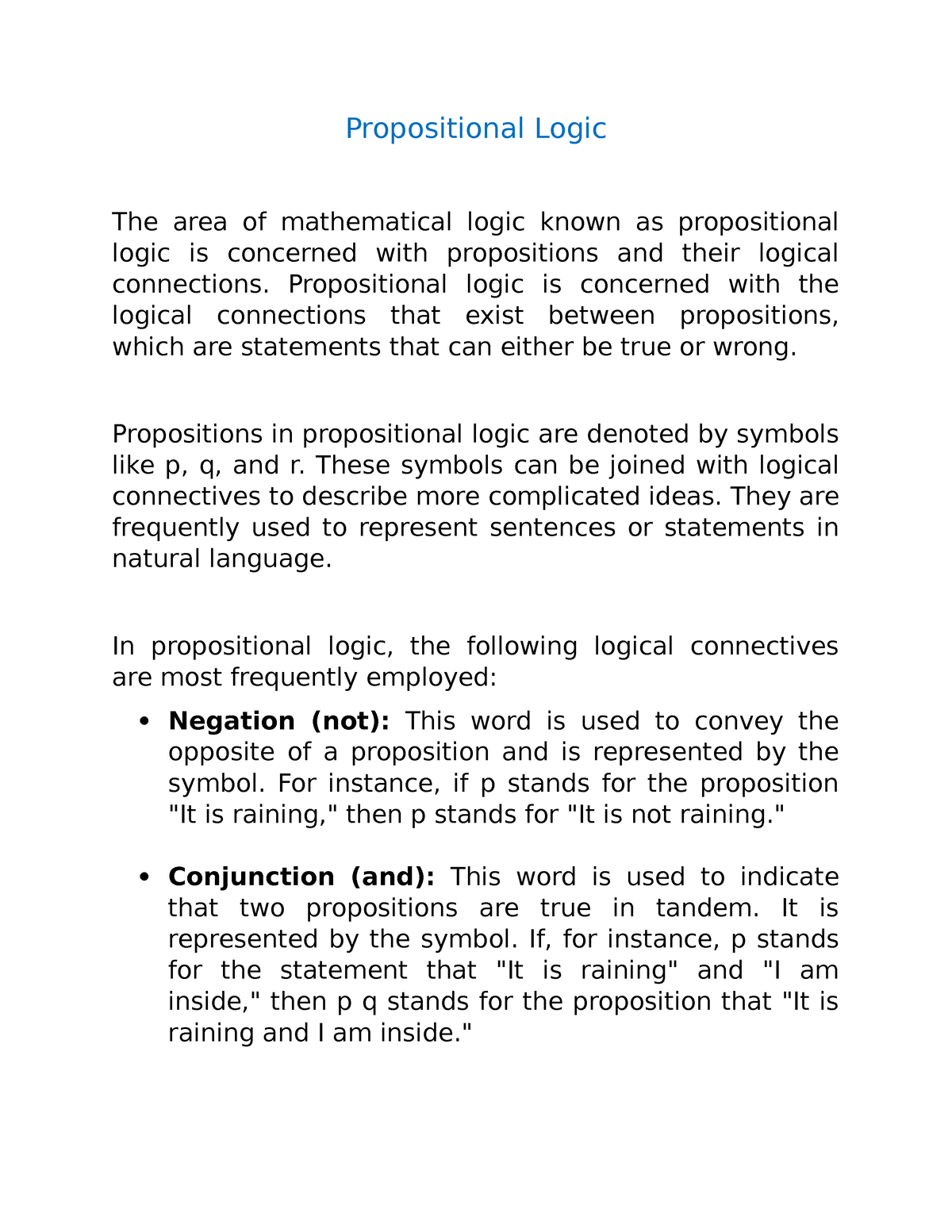 Propositional Logic - NOTES - Propositional Logic The Area Of ...