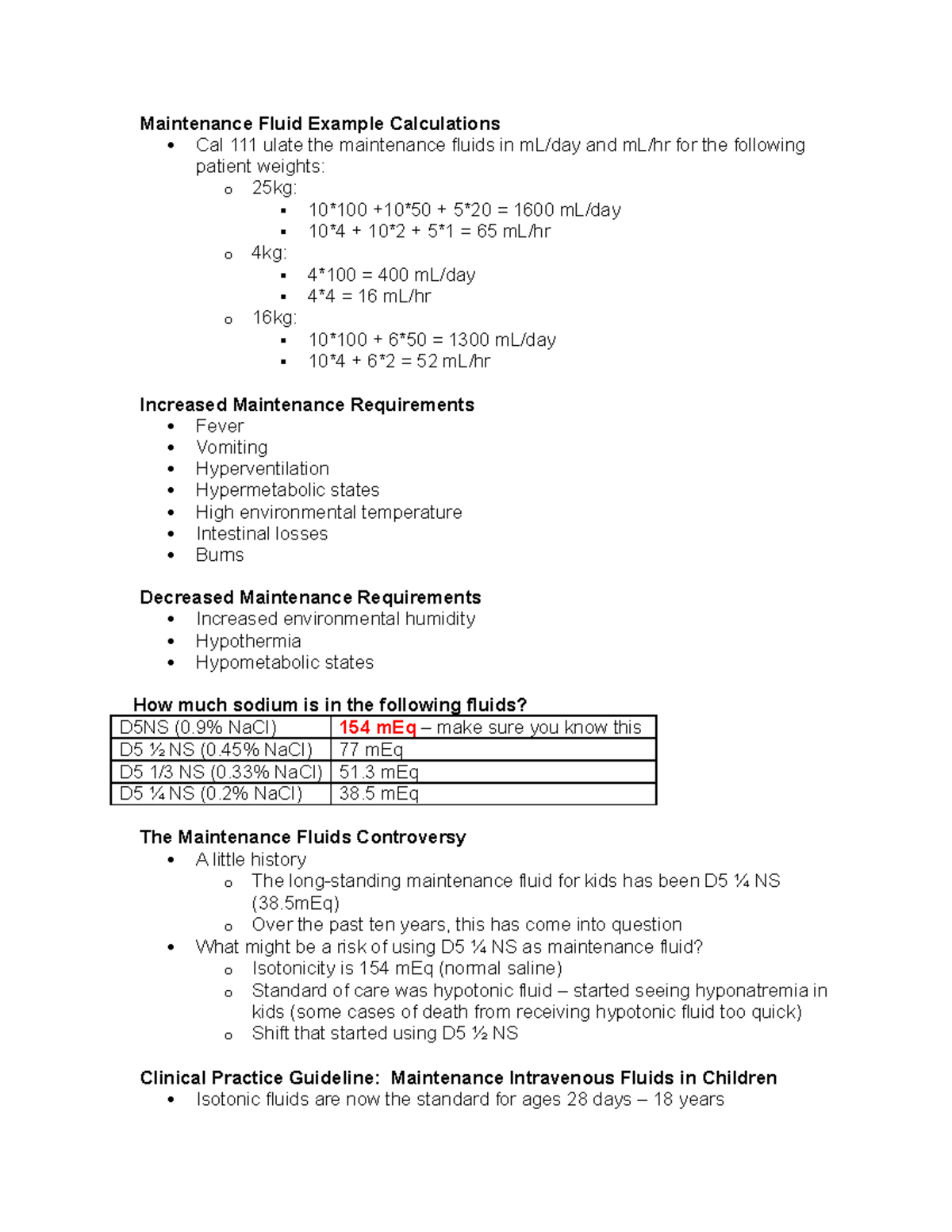 Renal Exam 1 Part 53 Maintenance Fluid Example Calculations Cal 111