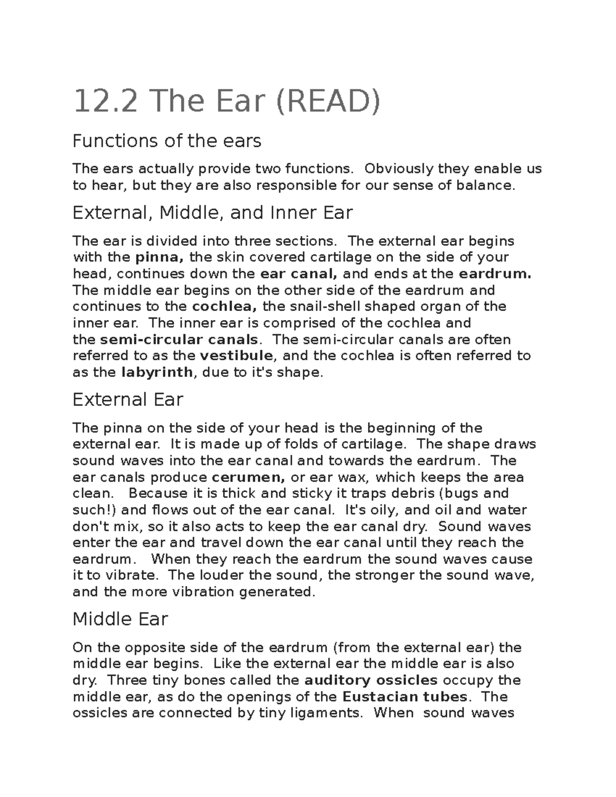 Quiz 12 info - exam notes - 12 The Ear (READ) Functions of the ears The ...