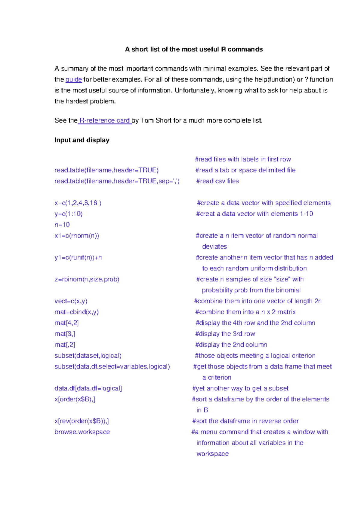 R commands most used - ....................................... - A ...