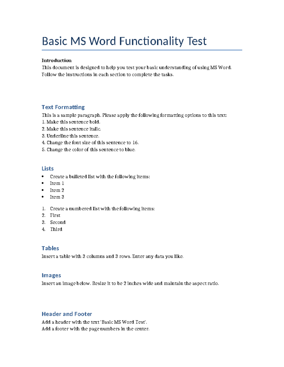 MS Word Functionality Test - Basic MS Word Functionality Test ...