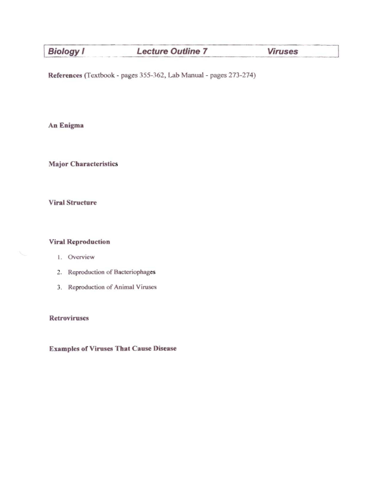 06 Viruses - Lecture notes 9-11 - I Biology I Lecture Outline 7 ...