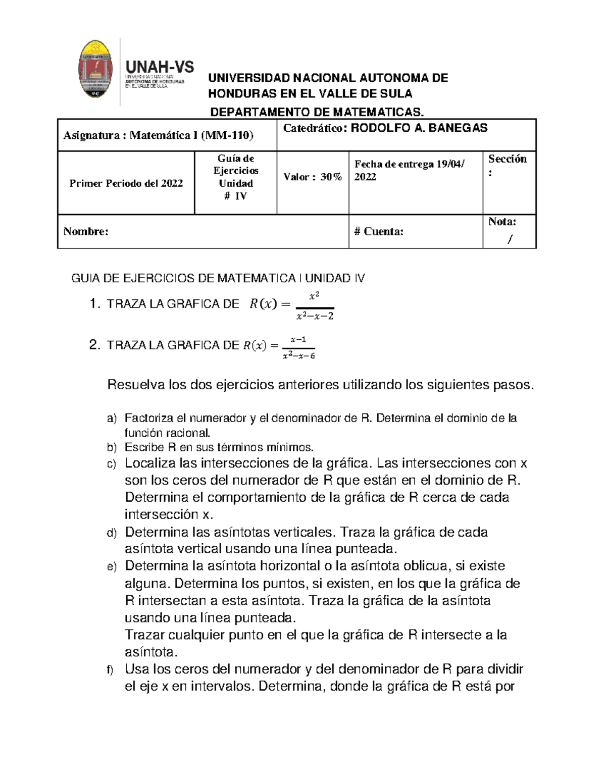 GUÍA DE Ejercicios DE Matemática I Unidad IV - UNIVERSIDAD NACIONAL ...