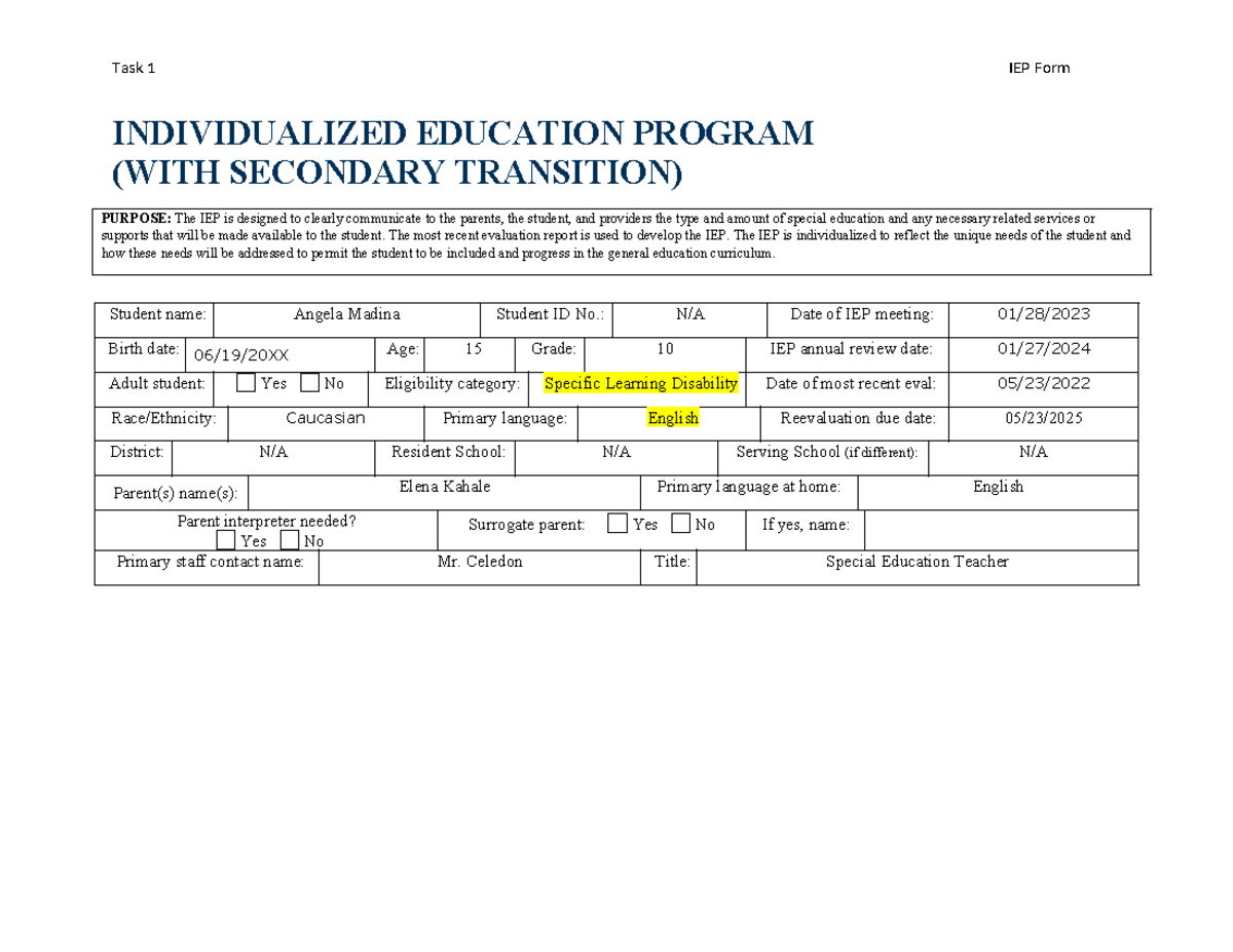 Angela IEP Form - INDIVIDUALIZED EDUCATION PROGRAM (WITH SECONDARY ...
