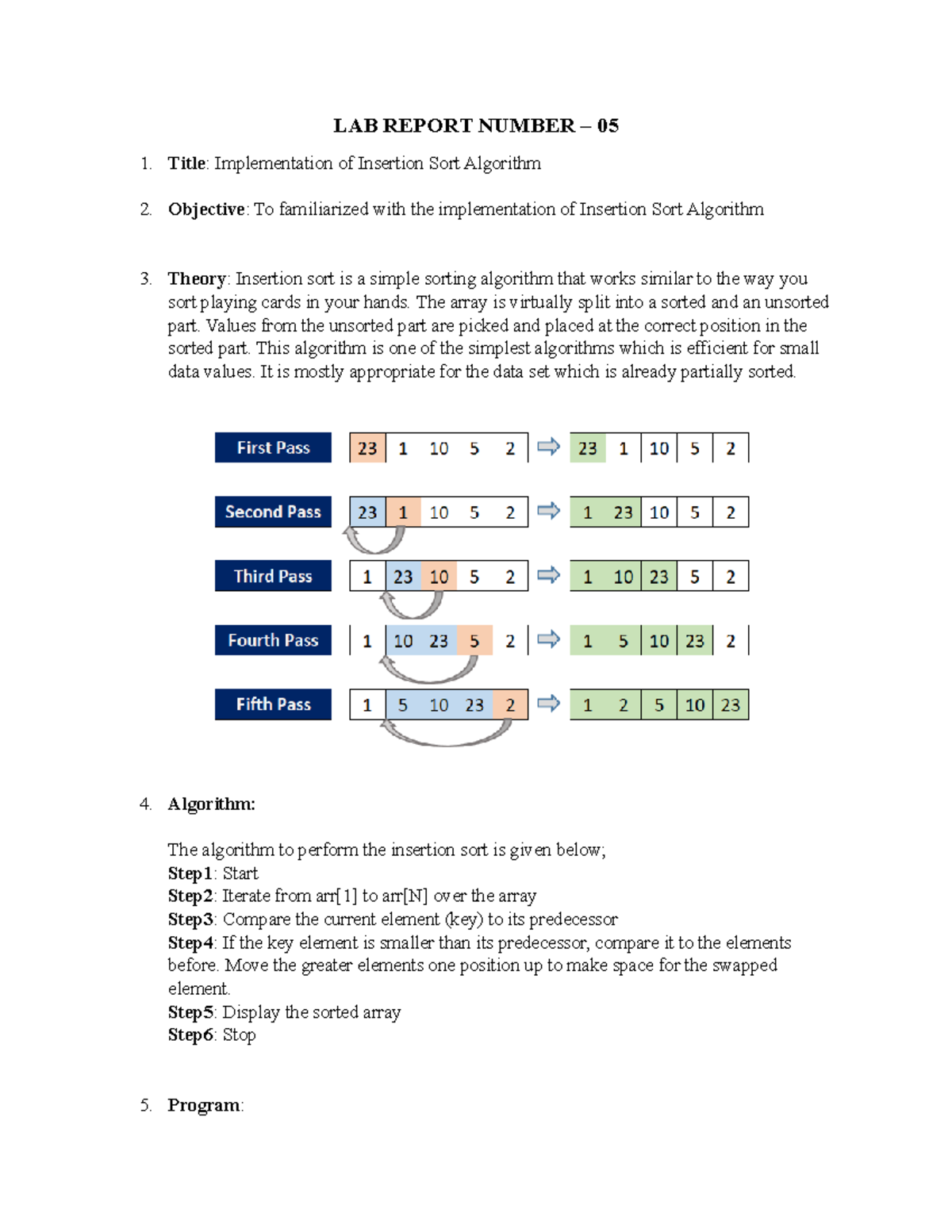 5. Insertion Sort - Notes - LAB REPORT NUMBER – 05 Title ...