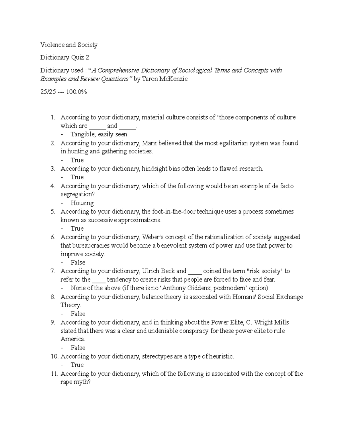 Violence and Society Dictionary Quiz 2 Violence and Society