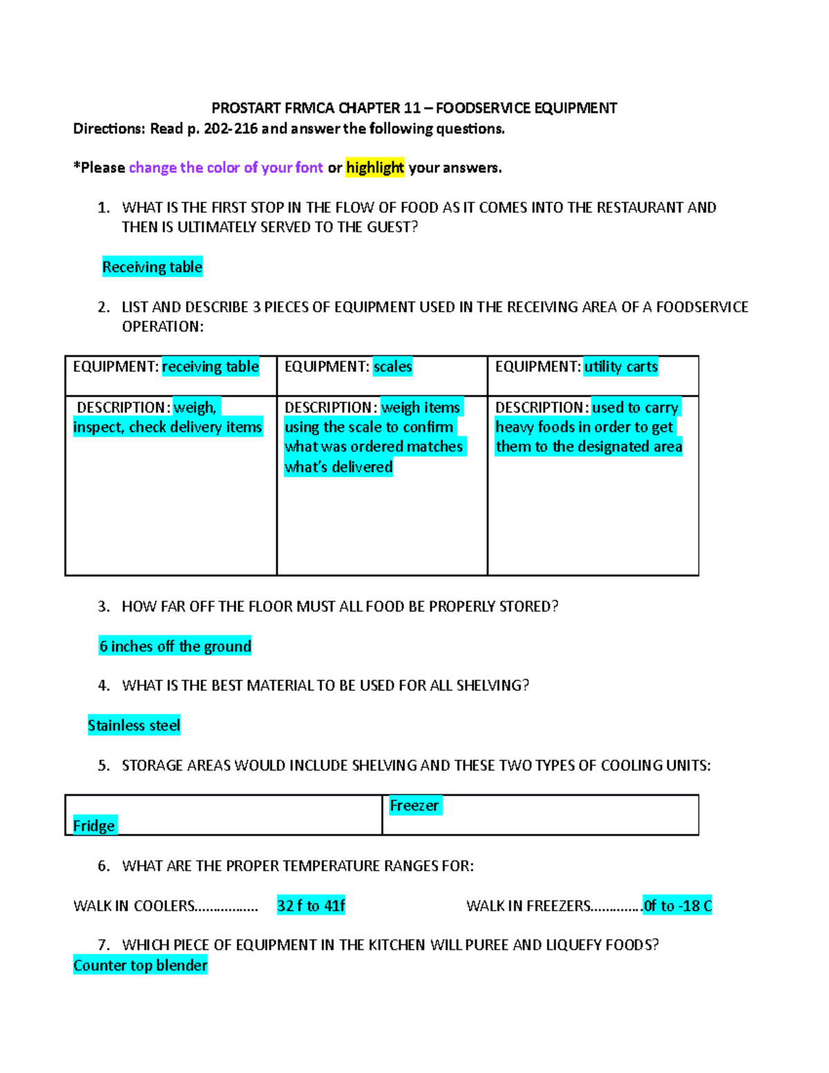 Foodservice Equipment Worksheet copy Directions Read p. 202216 and