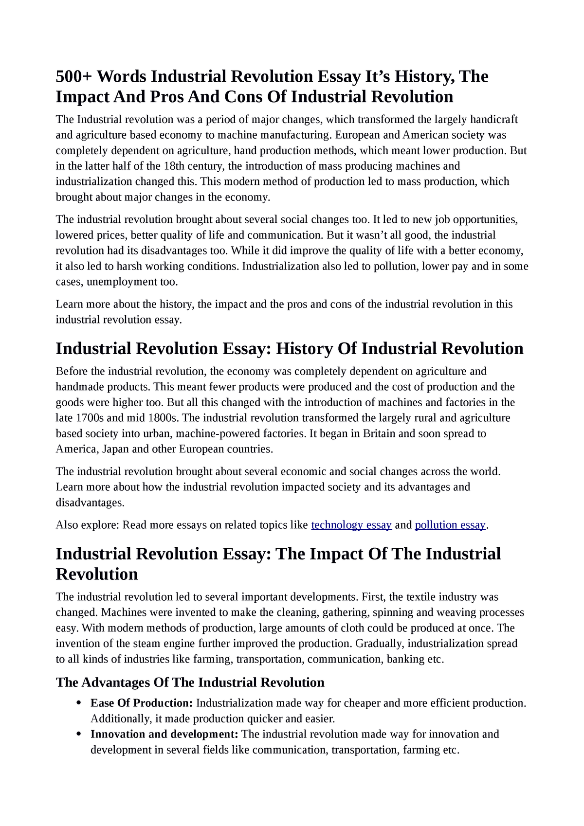 industrial revolution essay thesis statement