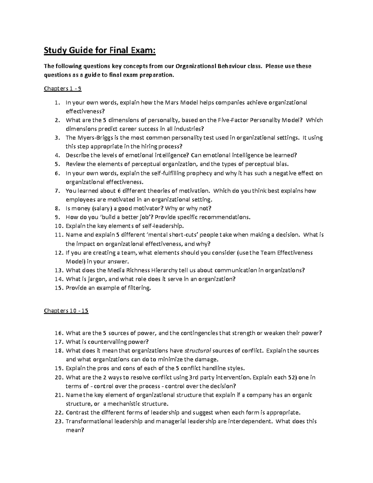 Study Guide for Final Exam - Please use these questions as a guide to ...