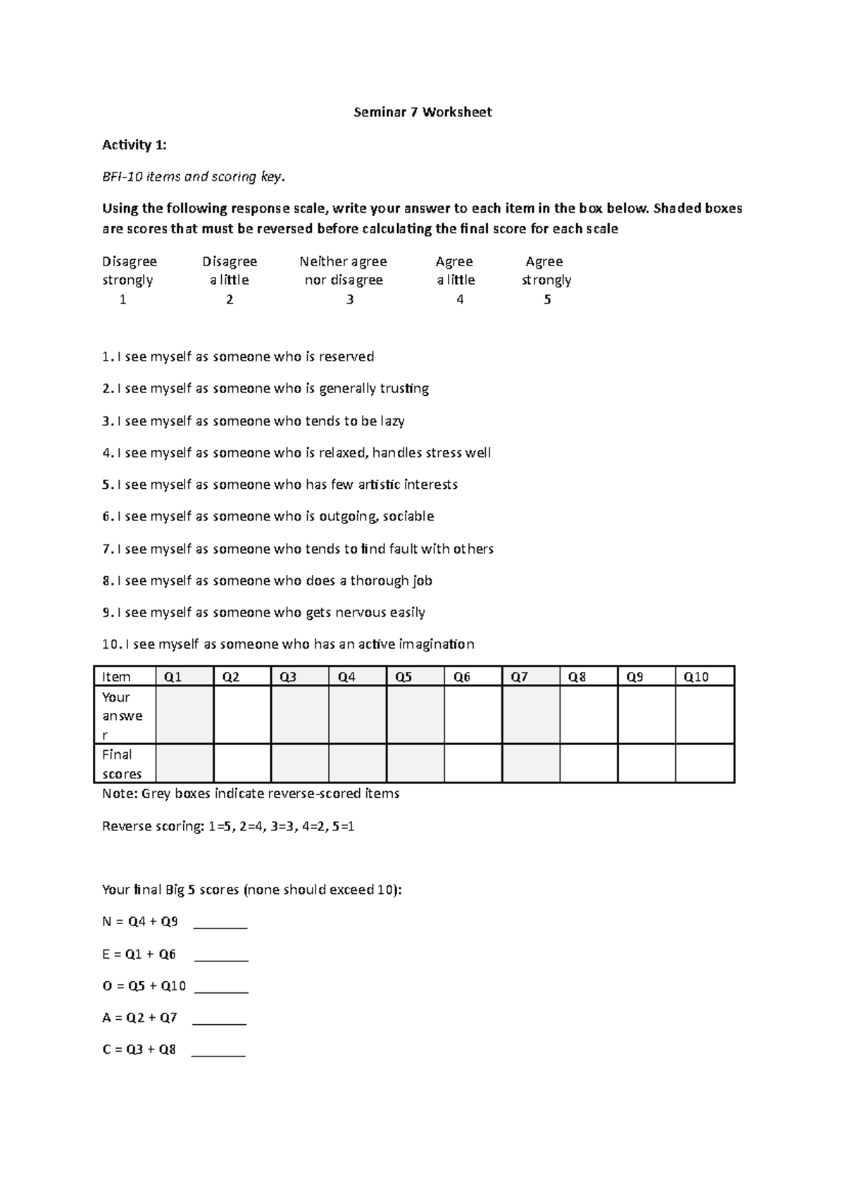 NEW Seminar 7 Worksheet - Seminar 7 Worksheet Activity 1: BFI-10 Items ...