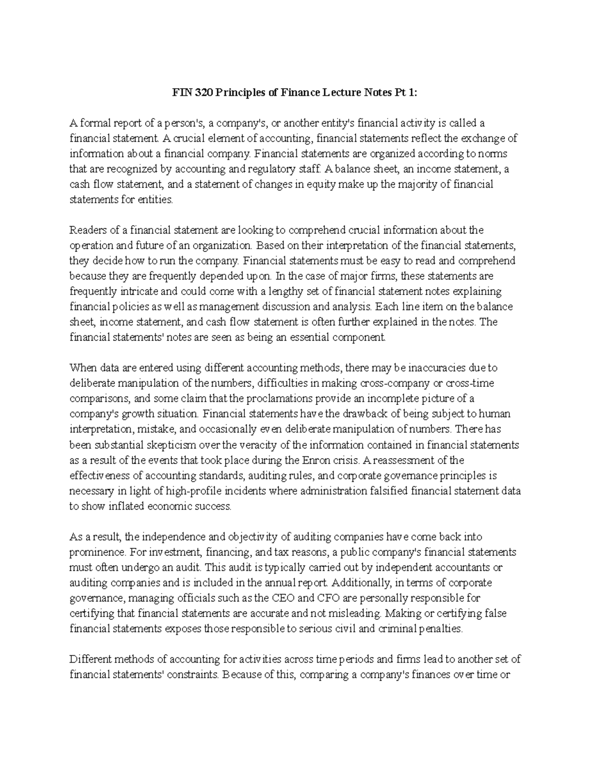 FIN 320 Principles of Finance Lecture Notes Pt 1 - A crucial element of ...