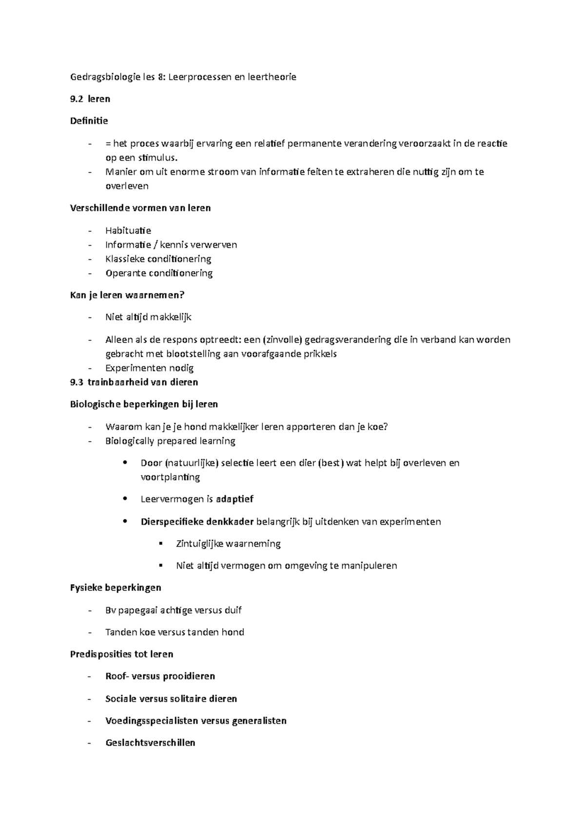 Les 8 - Samenvatting PPT Les 8 - Gedragsbiologie Les 8: Leerprocessen ...