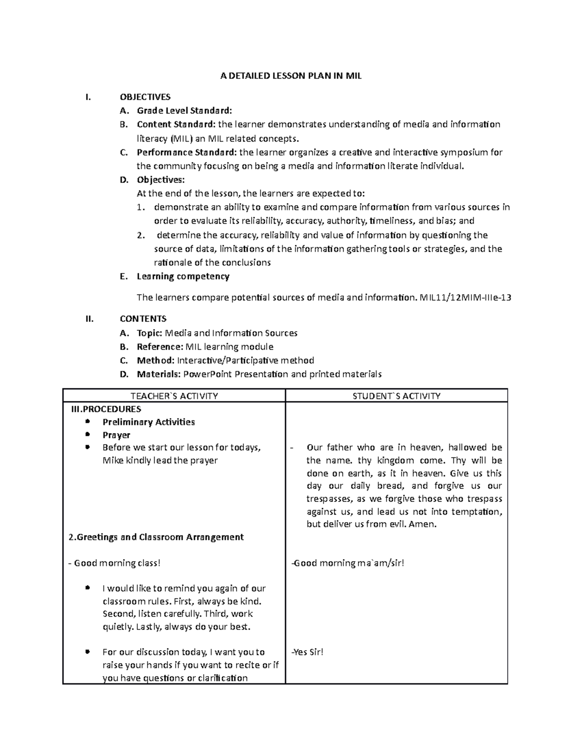 Detailed Lesson Plan In Mil - A Detailed Lesson Plan In Mil I 