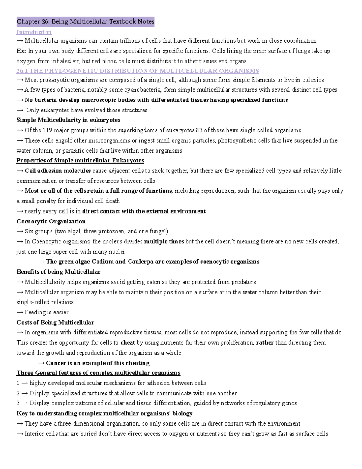 Chapter 26 Biology - Chapter 26: Being Multicellular Textbook Notes ...