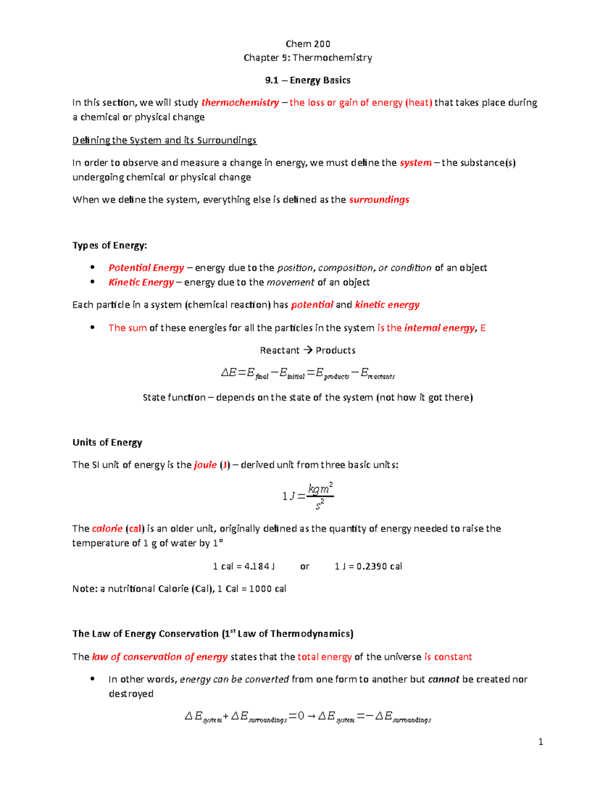 Chapter 9 Notes - Instructor Arun Sridhar - Chapter 9: Thermochemistry ...