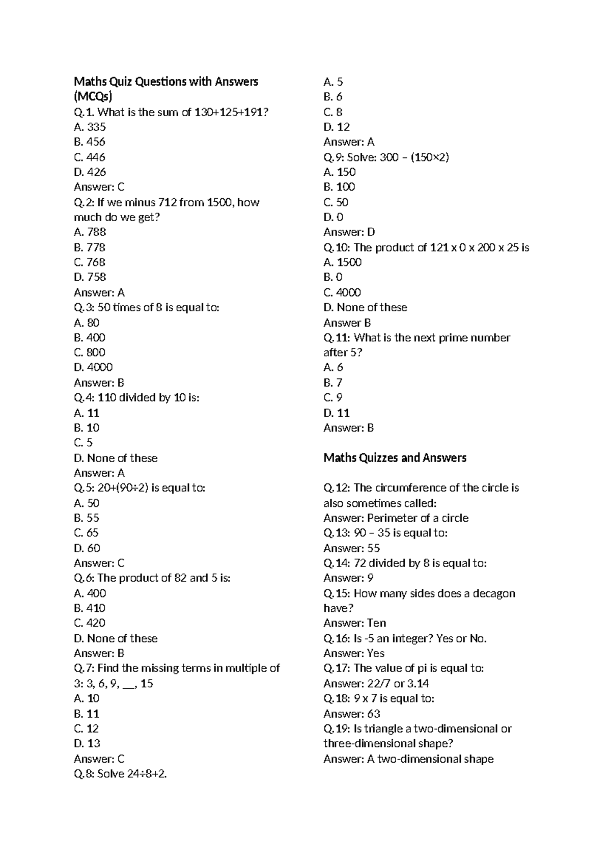 Maths Quiz Questions with Answers - Maths Quiz Questions with Answers ...