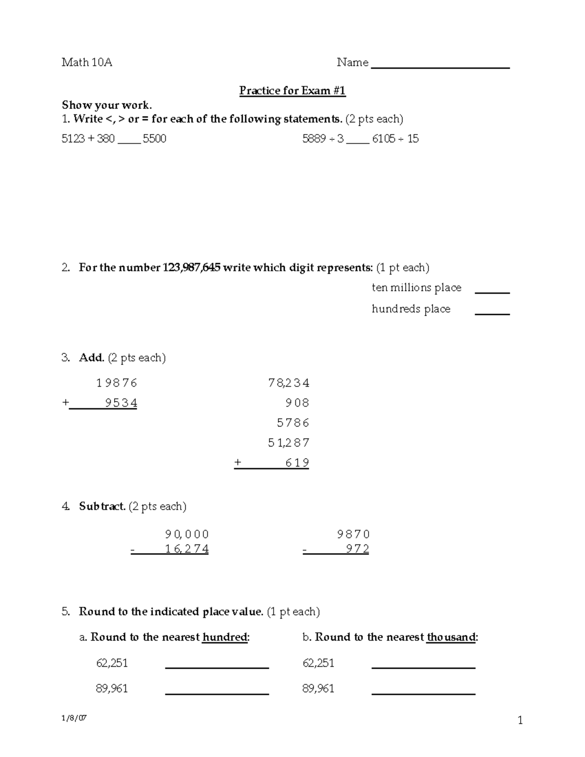 Math 10a - Math Notes Basic Math - Math 10a Name Practice For Exam 