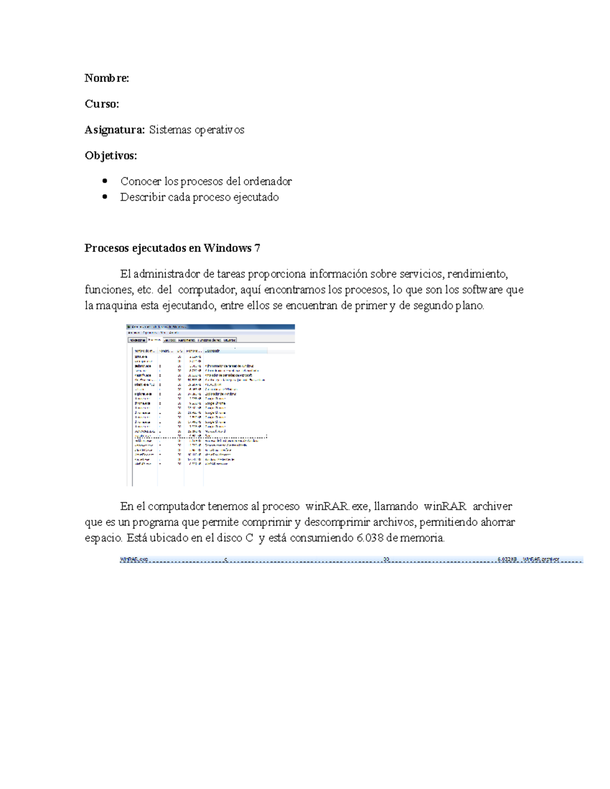 Procesos ejecutados en Windows 7 - Nombre: Curso: Asignatura: Sistemas ...