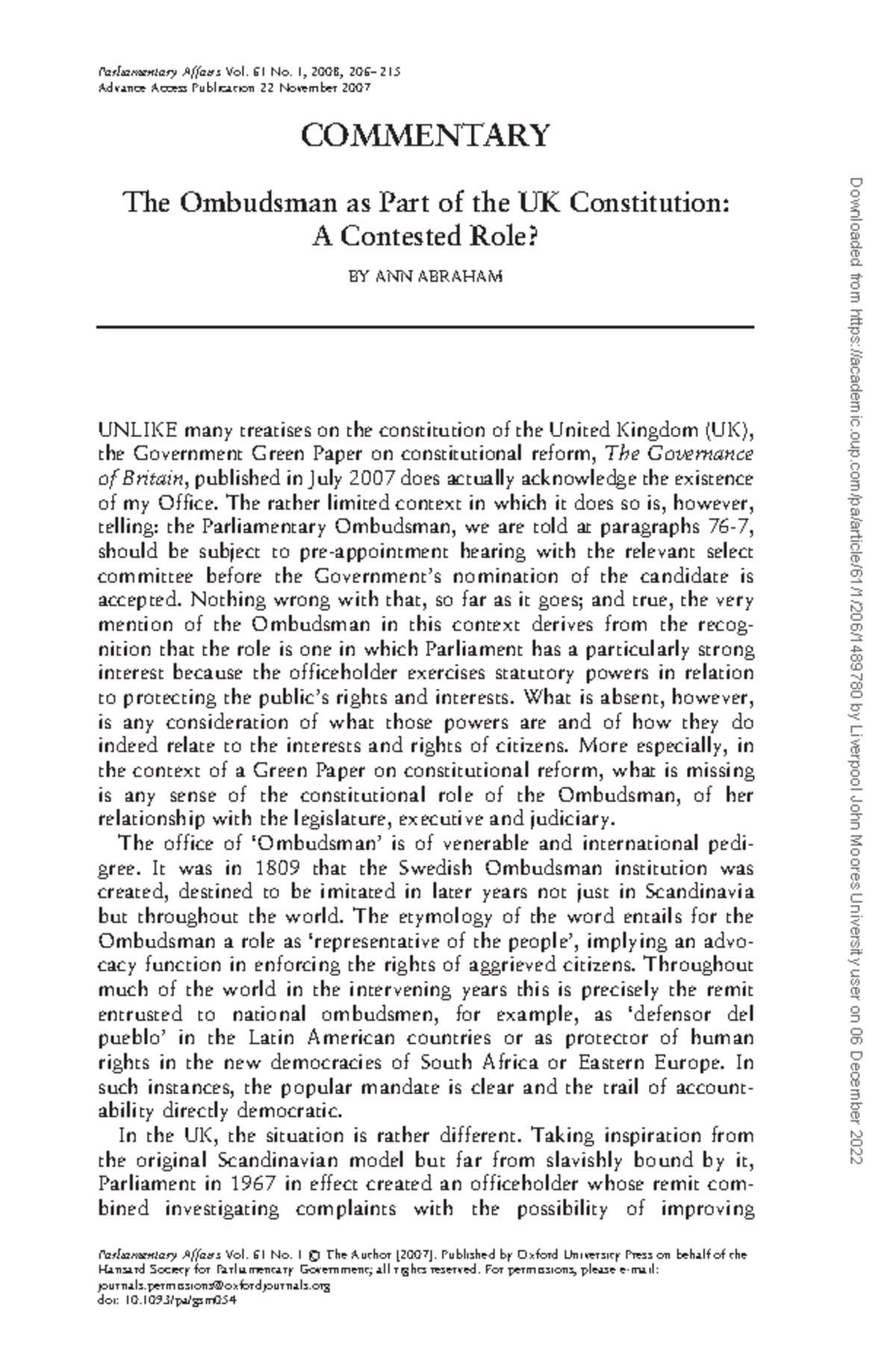 Ann Abraham, ‘The Ombudsman as part of the UK constitution- a contested ...